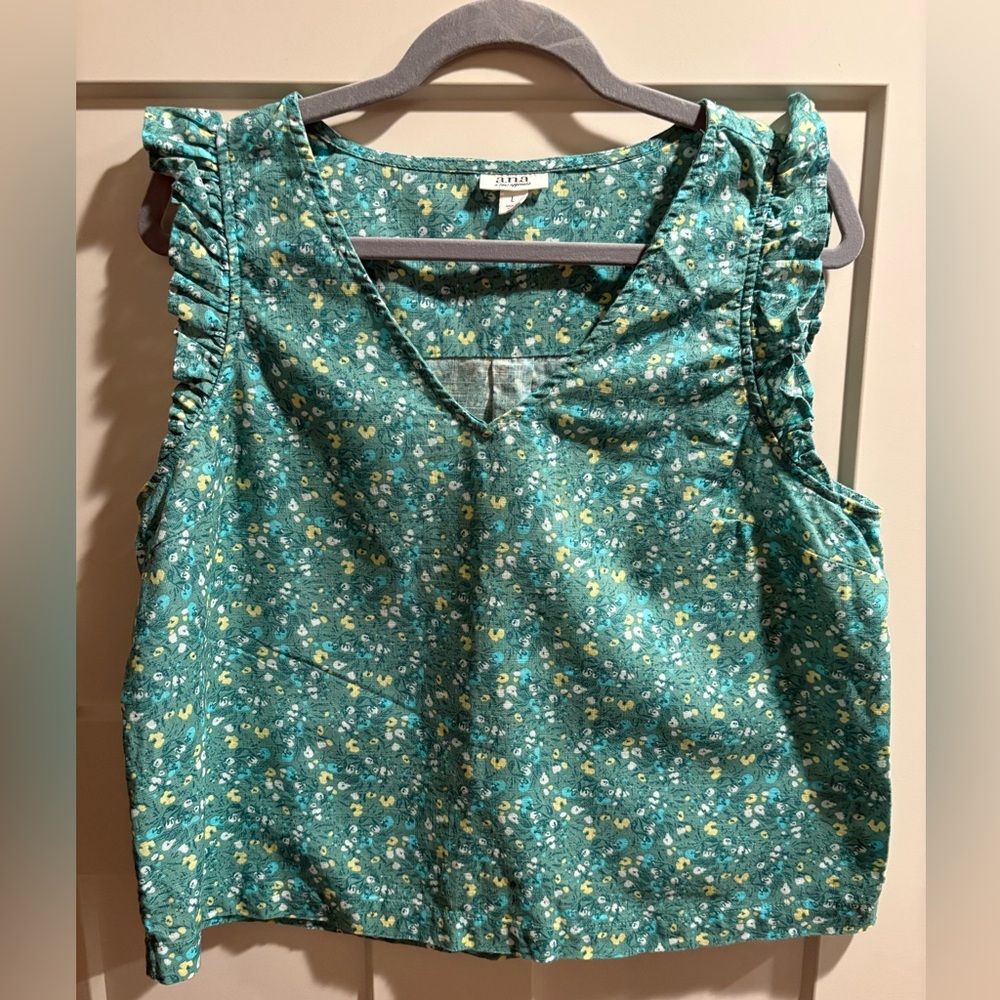 a.n.a Teal Floral Women's Large 100% Cotton Blouse